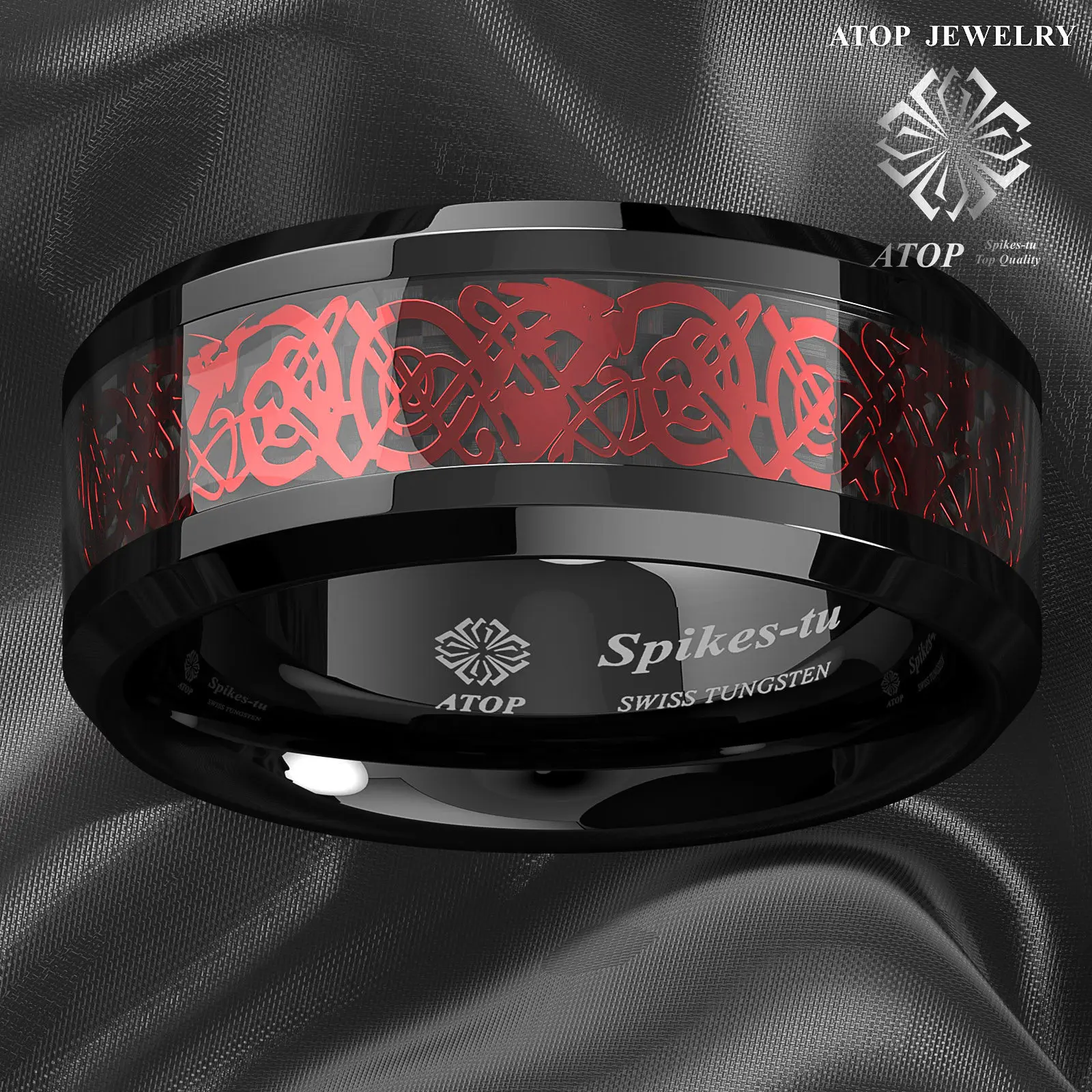 Черное вольфрамовое кольцо 8 мм с красным кельтским драконом черное из