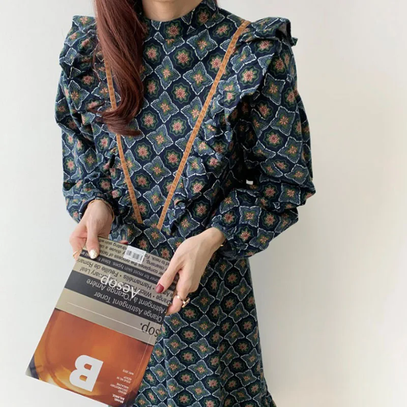 

WQJGR 2020 Spring and Autumn Dress Women Long Sleeve O-Neck Elegant Dress Geometric Butterfly Sleeve Floral Dress