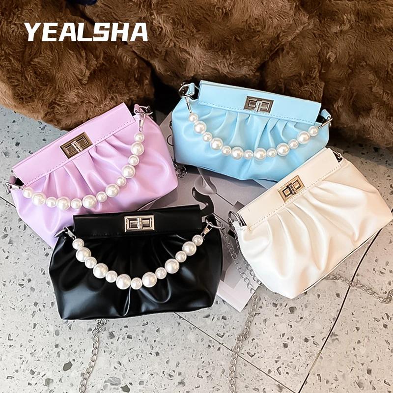 

Pearl Handbag Ladies Small Bag 2021 Popular New Fashion Fold Chain Shoulder Messenger Bag Solid Color Wallet Bags For Women