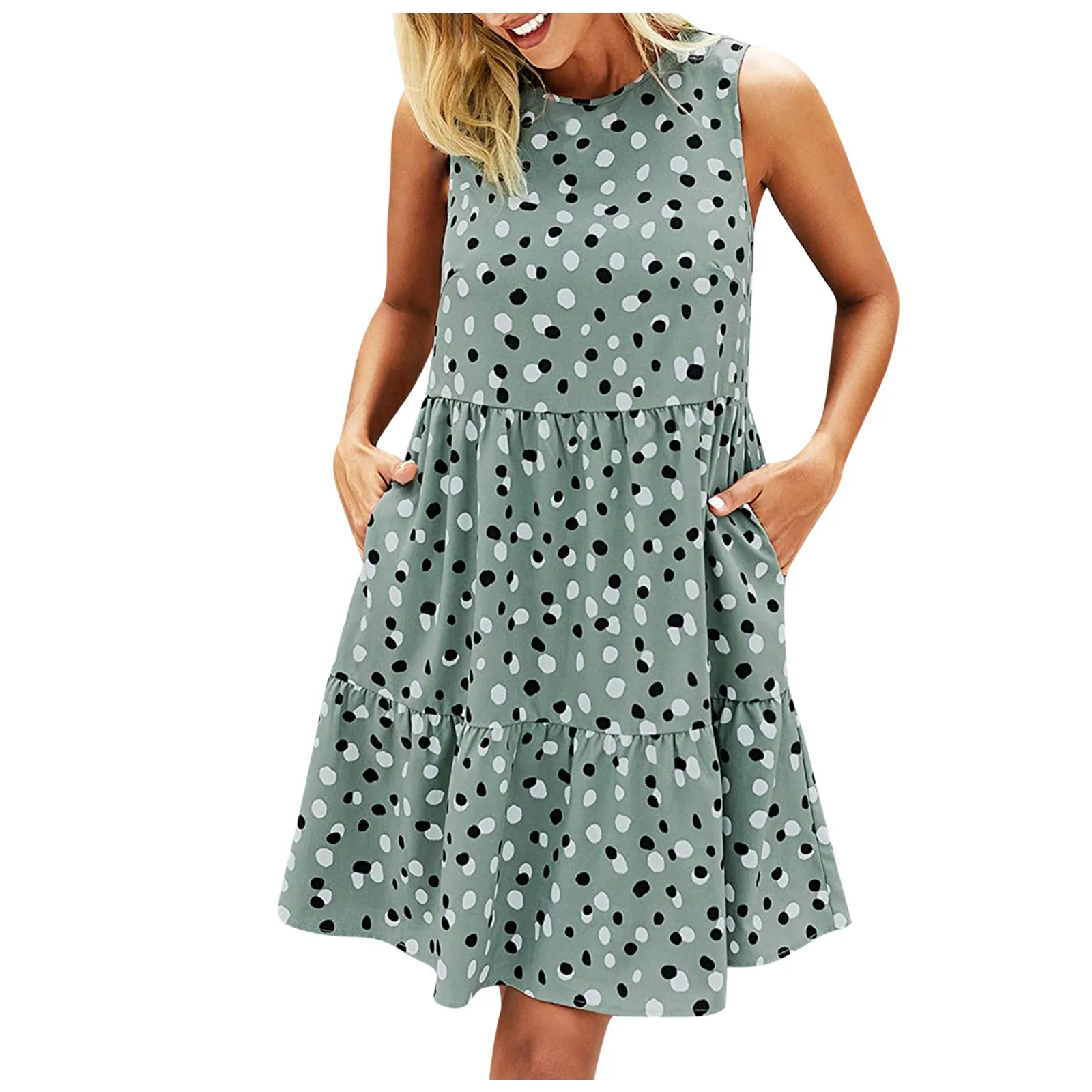

70# Women Summer Dot Print Sleeveless O-neck A Line Loose Swing T Shirt Dress With Pocket Tank Mini Dresses Sundress Vestidos