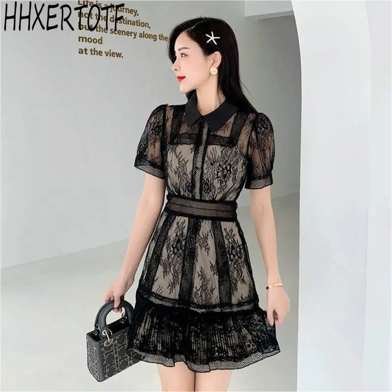 Женское кружевное платье с отложным воротником элегантное облегающее коротким