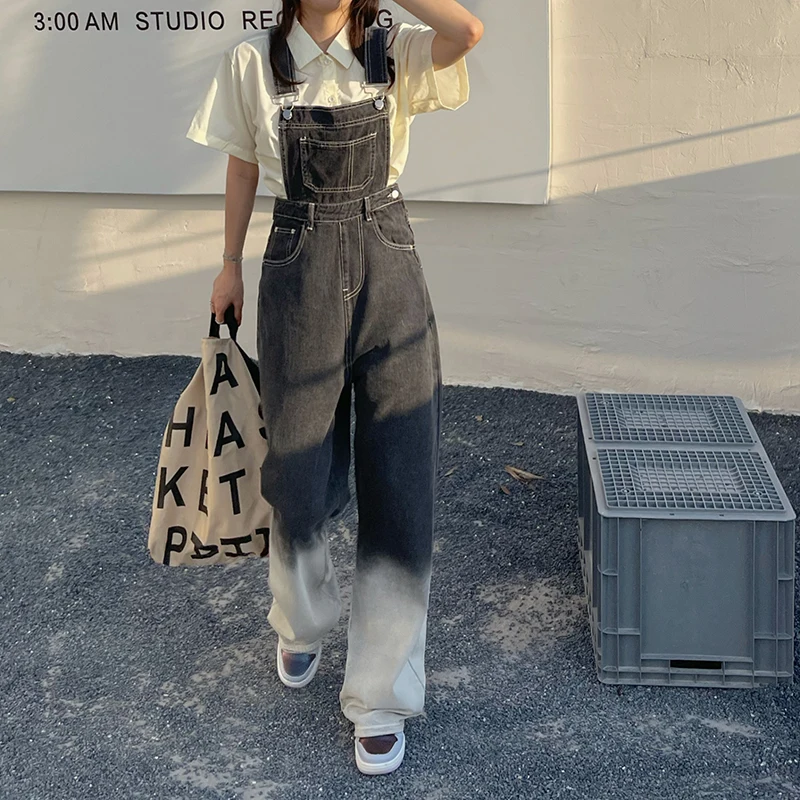 

WKFYY Women Causal Hip Hop Denim Overalls Panelled Spliced Gradient Color Washed Distressed Straight Cargo Pants Jumpsuits J4013