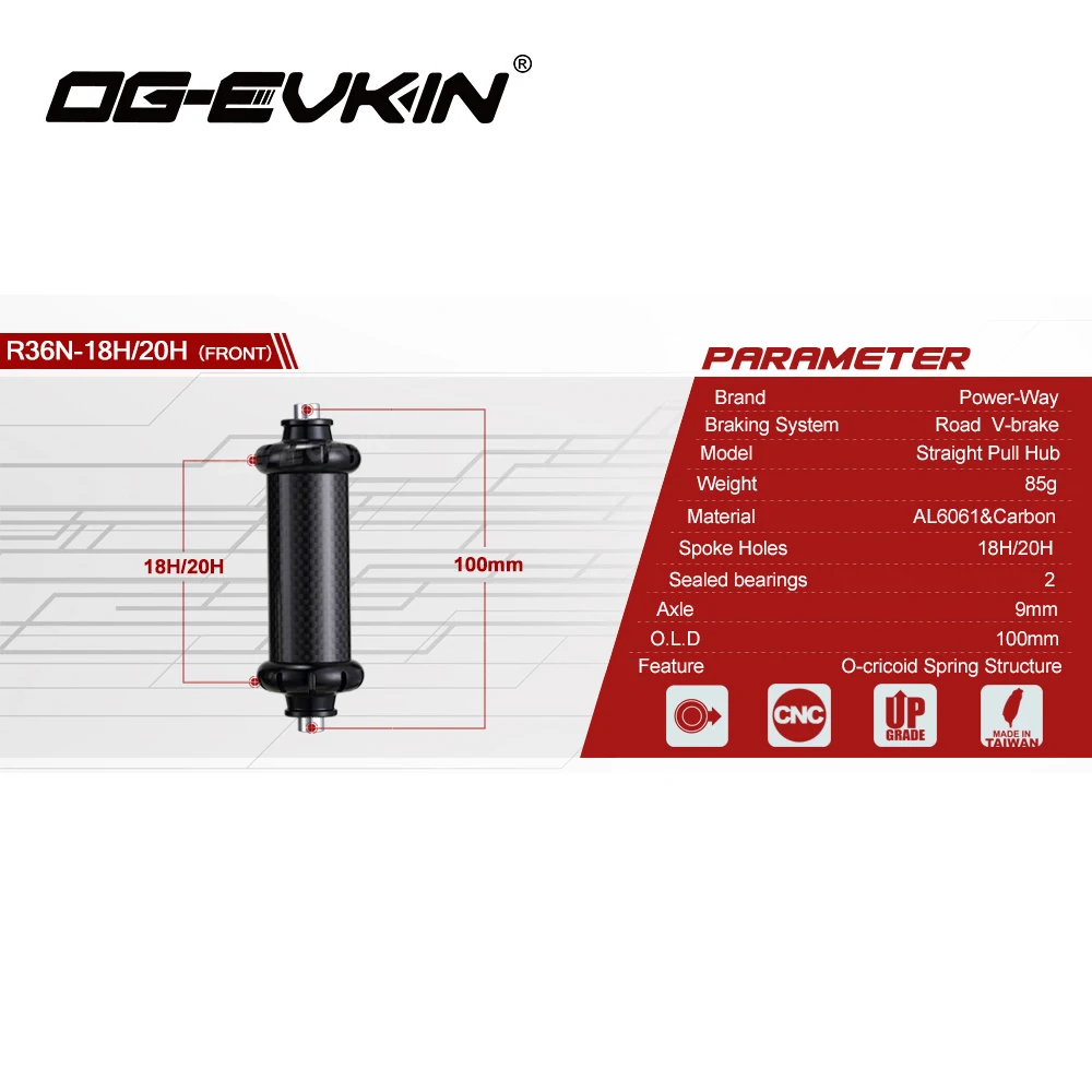 OG-EVKIN x Powerway R36 Super Light Road Bike Hubs Carbon Straight Pull Hub V-Brake Front/Rear 20/24H For Bicycle Hubs 10s/11s