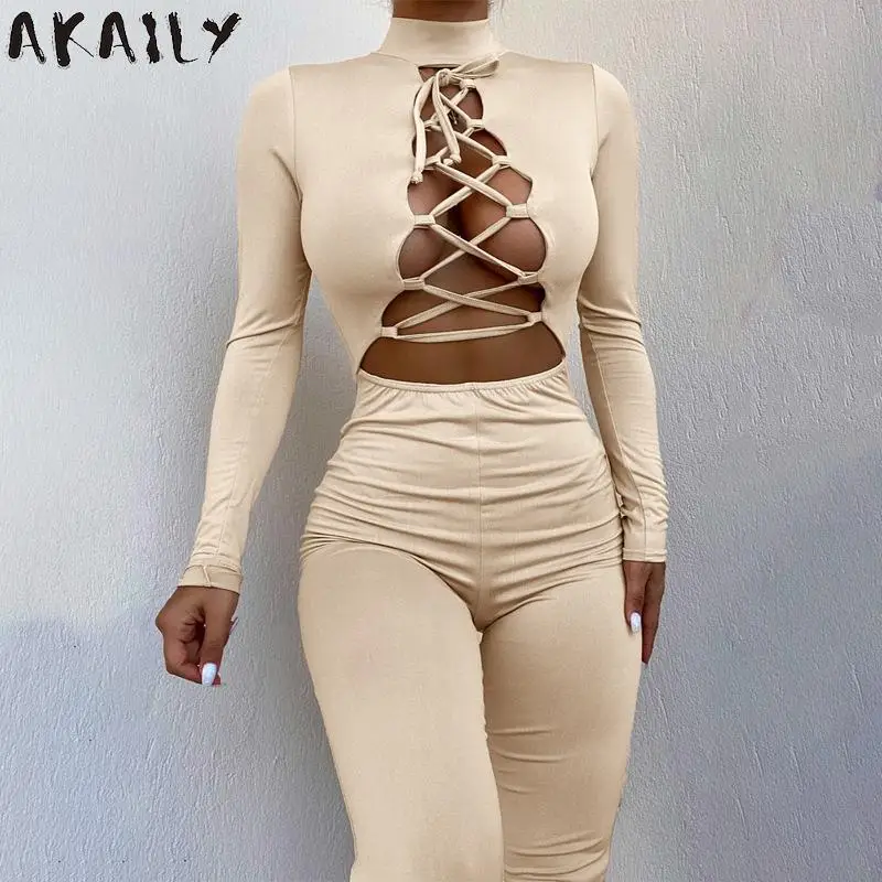 

Akaily Holow Out Bandage Jumpsuit Women Solid Turtleneck Long Sleeve Bodycon Jumpsuit Female Fall Streetwear One Piece Outfit