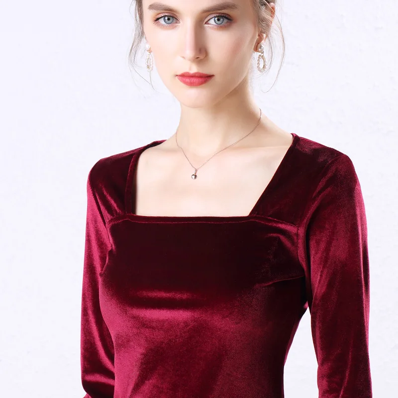 Бордовая черная зеленая бархатная футболка осенне зимние женские топы с