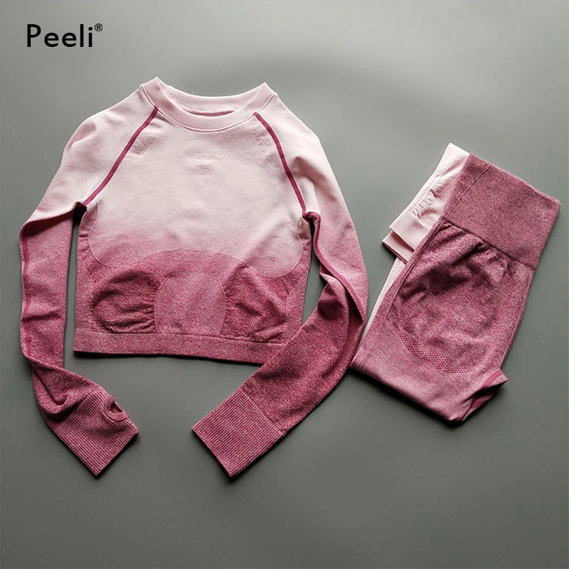 Peeli, Женский комплект 2 шт., спортивный костюм, Омбре, бесшовный, для йоги, набор, для фитнеса, укороченный топ, эластичные леггинсы, одежда для спортзала, тренировочный костюм