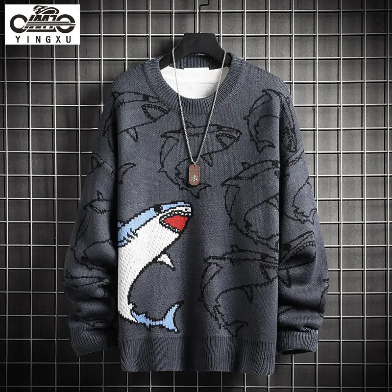 

Japanese men's sweater loose fashion handsome sweater male student Hong Kong Style shark Crew Neck Sweater Pullover