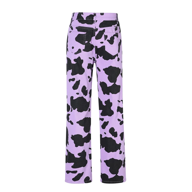 

Women High Waist Pants Wide Leg Pants New Cow Printing Loose And Casual Wash Jeans Pocket Denim Summer 2021 Trousers Denim Jeans