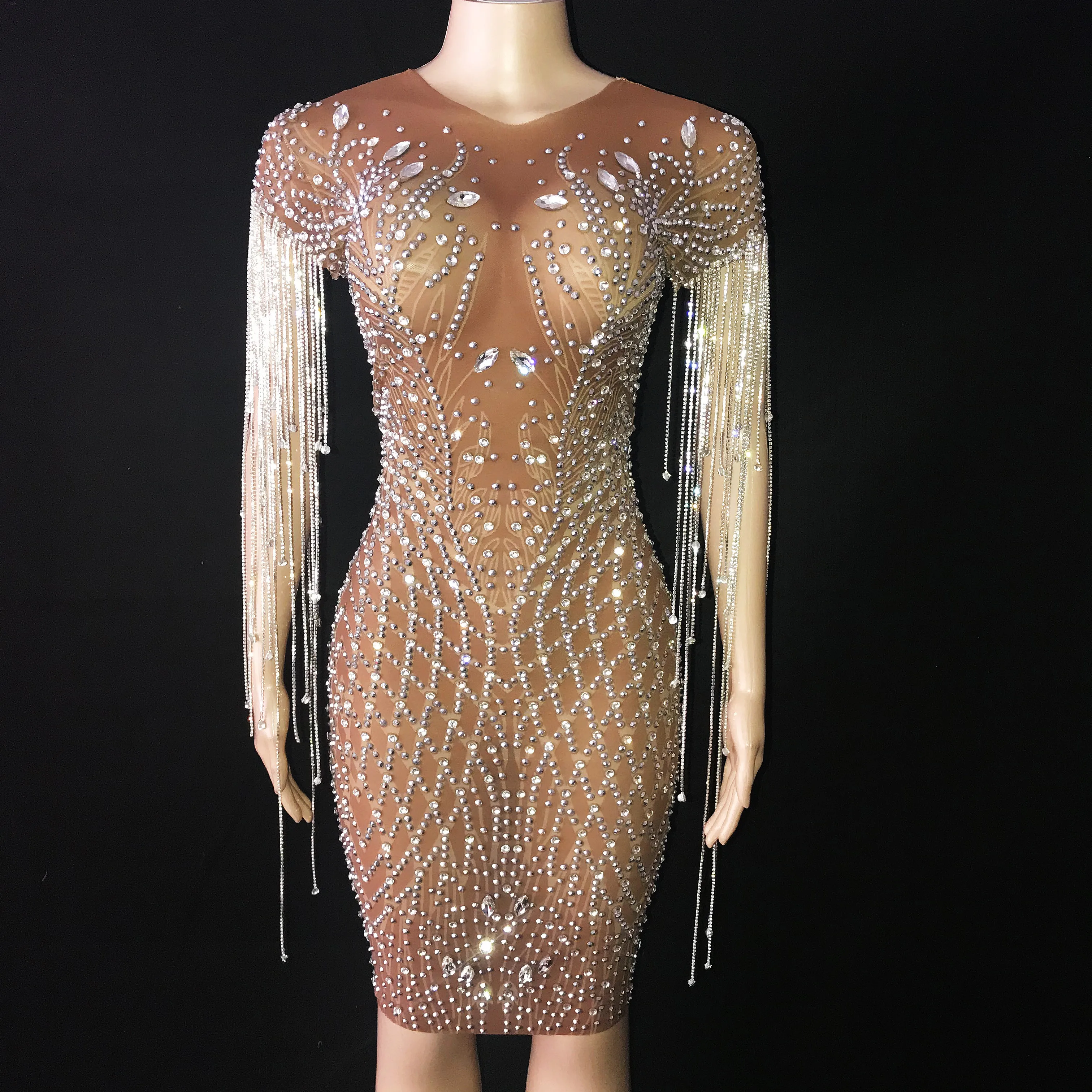 

Flashing Crystals Chains Rhinestones Dress Birthday Party Celebrate Costume Stones Fringes Outfit Singer Nightclub Dance Outfit