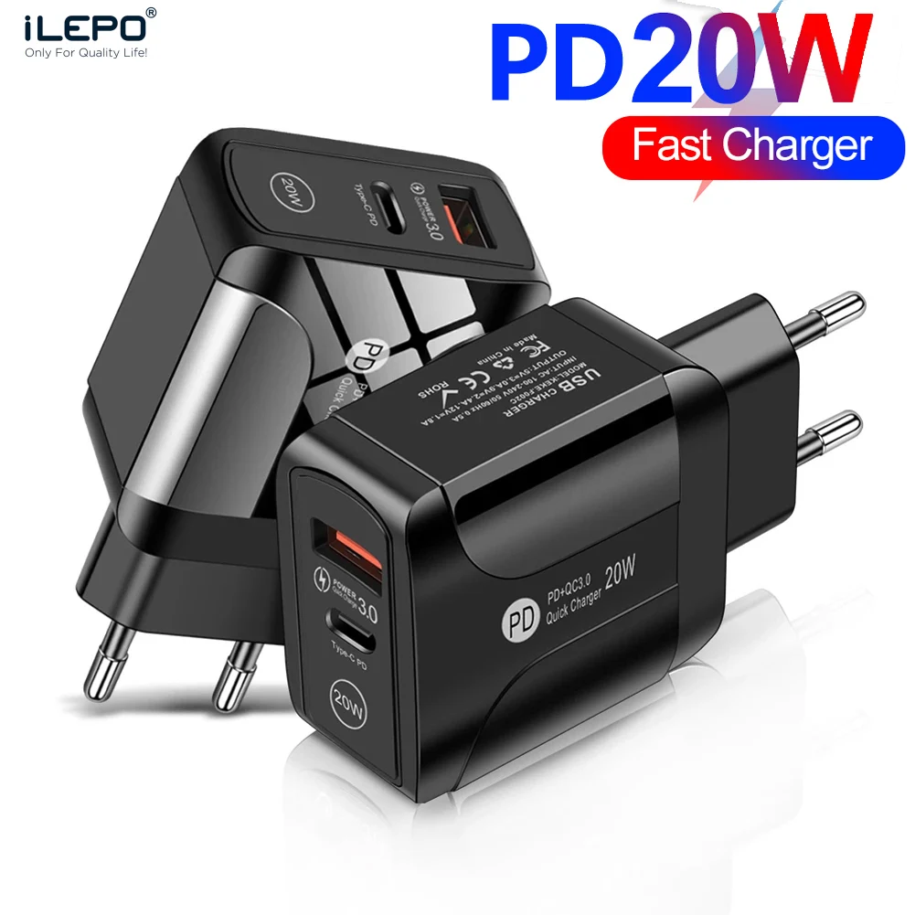 

ILEPO PD 20W USB Type C Charger EU Adapter Fast Charger For iPhone 12 11 X Xs Xr Pro Max iPad Huawei Xiaomi LG Samsung QC3.0 18W
