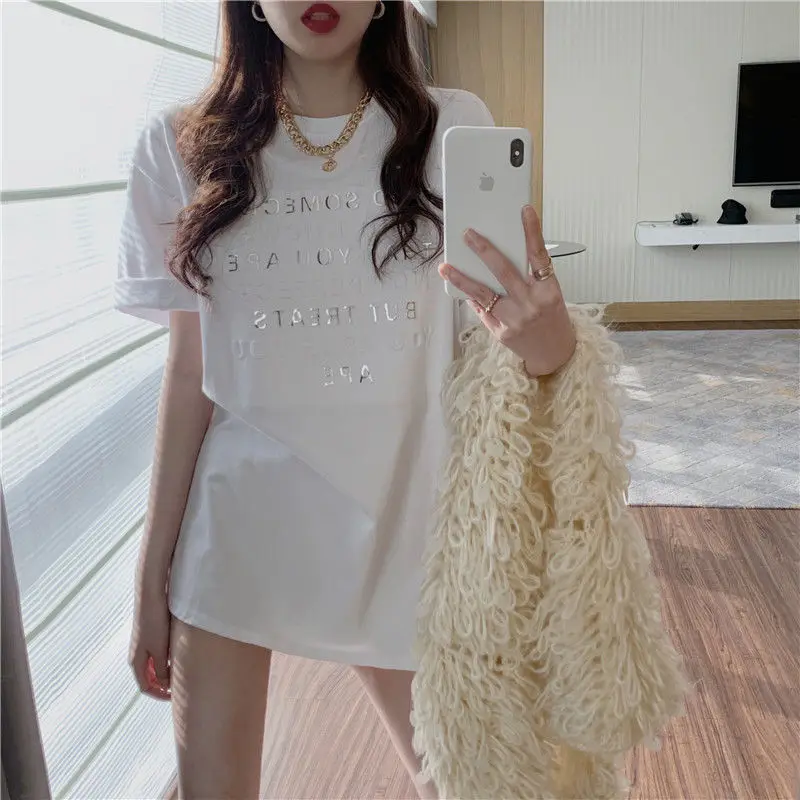 

100% cotton 2021 new summer medium and long T shirt short sleeves loose Korean print INS fashion top