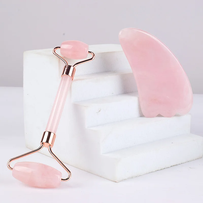 

Facial Massager Jade Roller Face-lifting Massager Rose Quartz Roller Natural Slimming Jade Scraping Mask Brush Three-piece Set