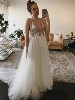 sexy spaghetti straps wedding dresses flower appliques lace champagne top a line soft tulle boho bridal gowns vestido de noiva