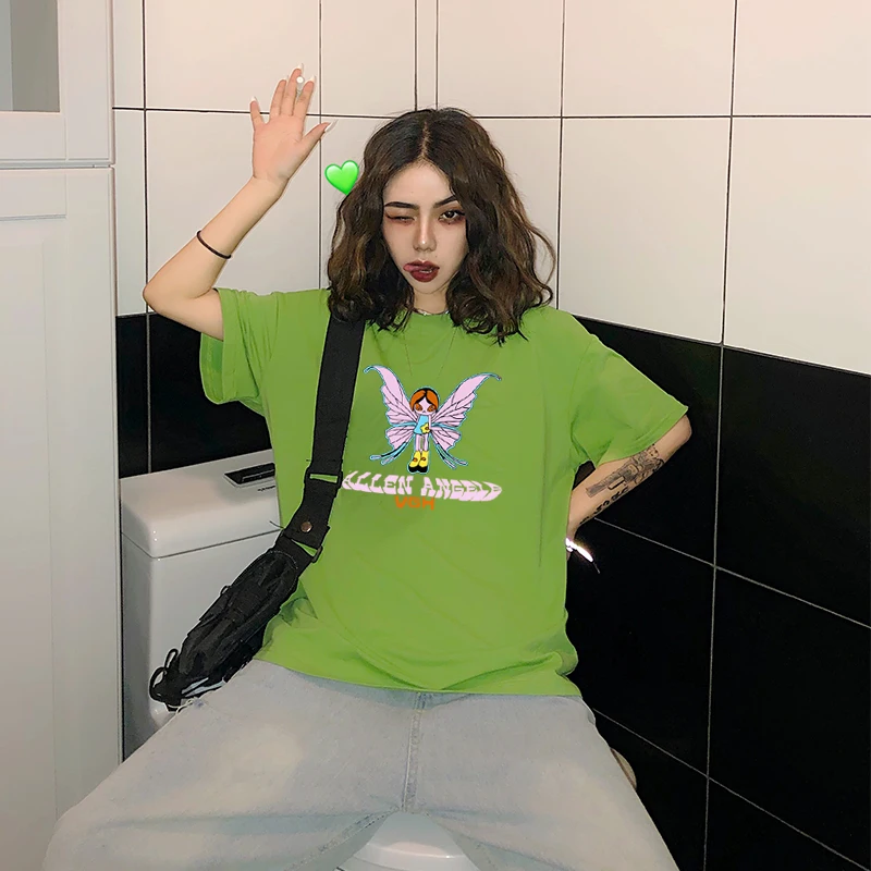 

E-girl Butterfly Graphic and Letter Printing Stitch Green Crop Tops tee Summer Grunge Style O-neck Short Sleeve T-shirts