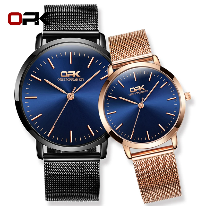 

OPK 2021 Lover Watch Gift Stainless Steel Mesh Belt Couple Quartz Movement Watch 30m Waterproof Casual Men and Women Pairing Set