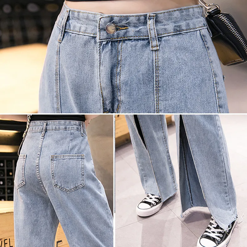 

Women's Jeans 2021 Spring Autumn New Style Korean Style High-Waisted Straight Loose Personality Slit Fashion Lady Pants Trousers