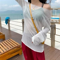 women chic candy colour summer leisure knitting tops casual round neck long sleeve sexy sunscreen t shirts female loose clothes