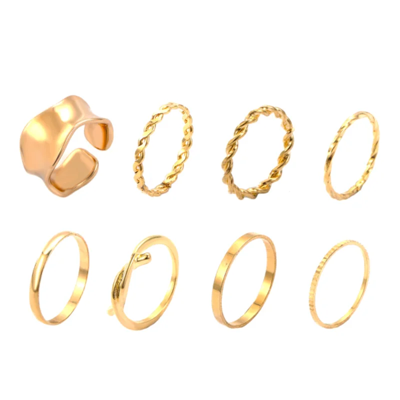 

8Pcs/set European and American Metal Twist Ring Set Simple Design Geometric Charm Rings Bracelet for Women Jewelry Set Gothic
