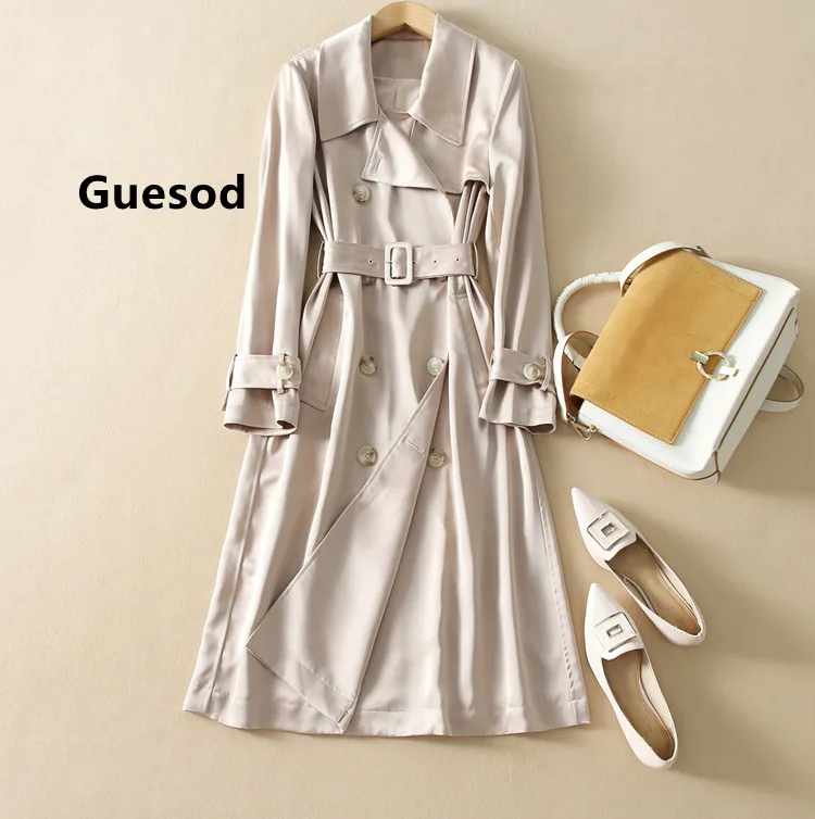 

Women Trench Acetate Satin Outerwear Female Spring Autumn 2021 Loose Slim Waist Medium Length British Outwear New Guesod