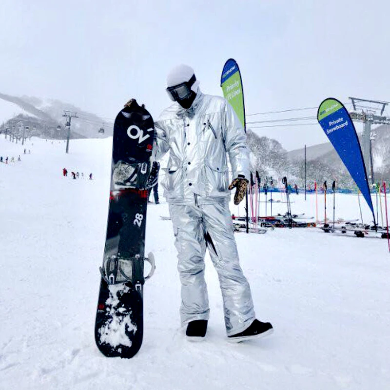 Hot Silver Ski Suit Men Women Snowsuit Winter Outdoor Sportswear Skiing Clothing Waterproof Warm Thick Snowboard Jacket Pant Set