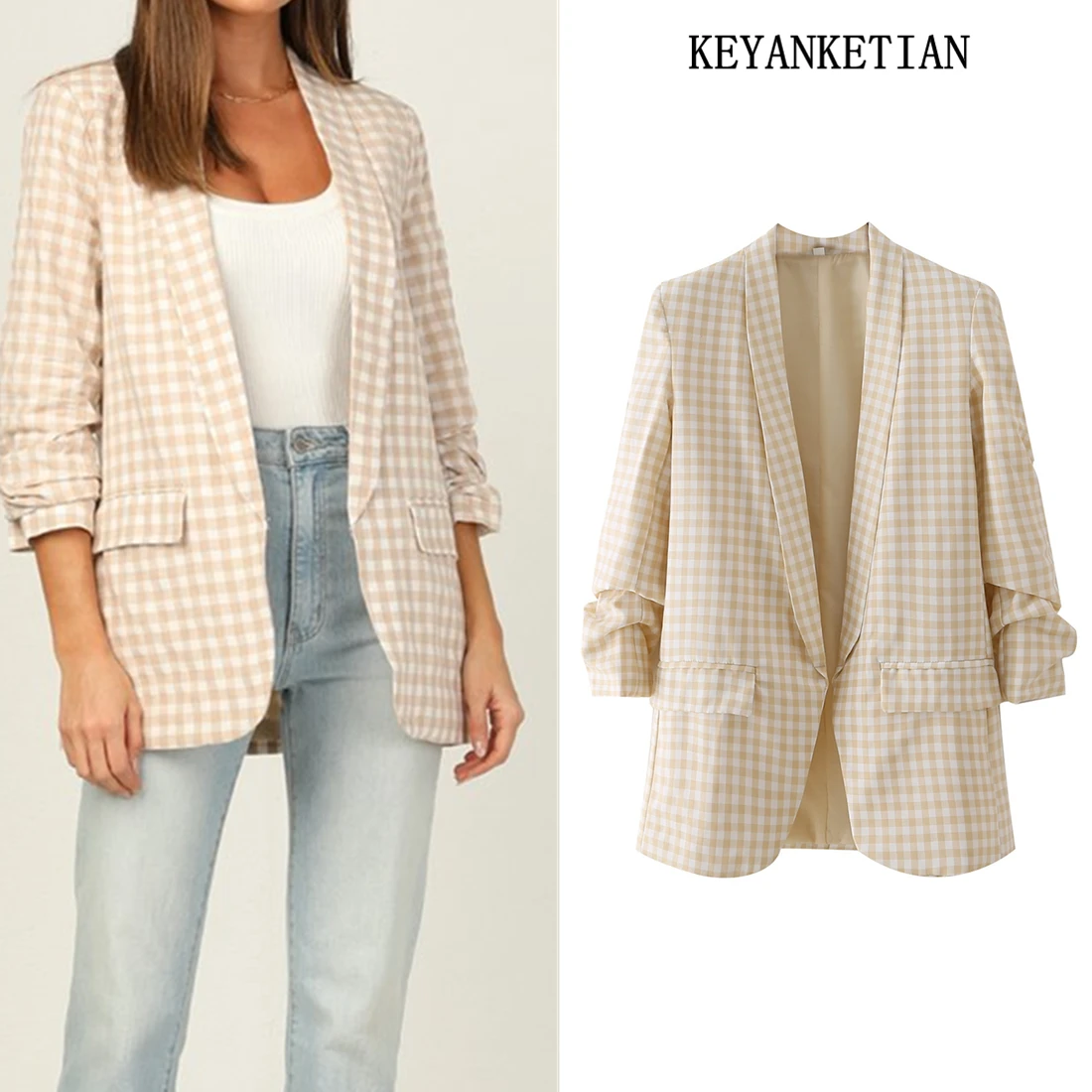 

KEYANKETIAN 2021 spring and autumn new pile sleeves plaid print no button suit women's office chic ladies blazer