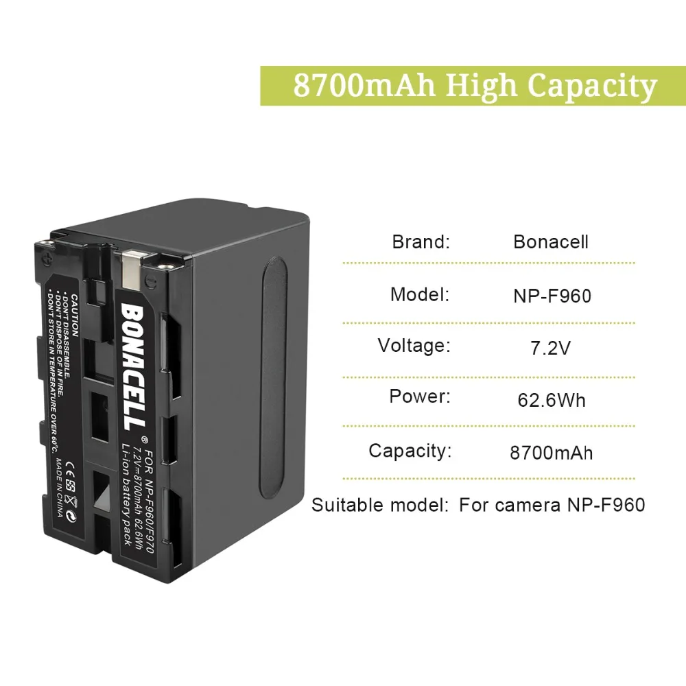 Bonacell 7,2 V 8700 мА/ч, NP-F960 NP-F970 NP F960 F970 F950 Батарея для sony PLM-100 CCD-TRV35 MVC-FD91 MC1500C L50