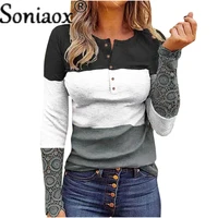 2021 autumn women stripe color matching slim tops leopard print buttons o neck long sleeved urban casual ladies pullover t shirt