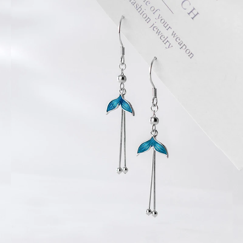 

100% Real 925 Sterling Silver Blue Mermaid Tail Drop Earrings Long Tassel Earrings for Women Fine Jewelry