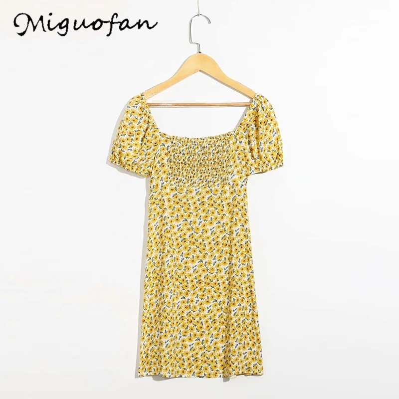 Miguofan dresses for women lace up flower print boho style beah holiday summer dress vintage sexy mini puff sleeve vestido | Женская