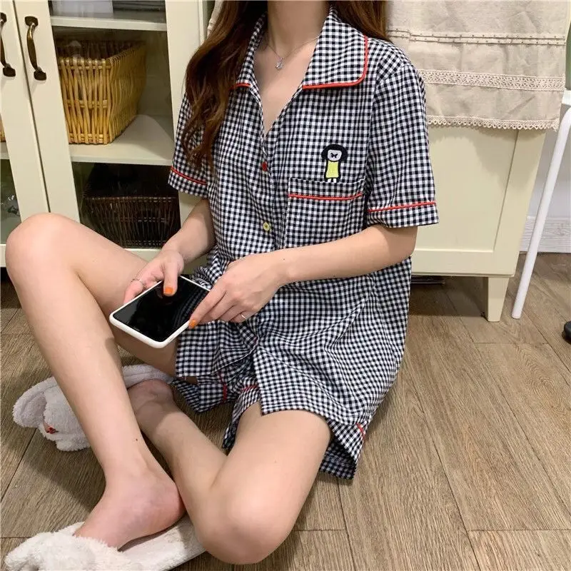 

Korean Casual Black Plaid Summer Pajamas Set Women Sleepwear Short Sleeve Top Shorts Home Suit 2pcs Kawaii Women Cartoon Pajamas