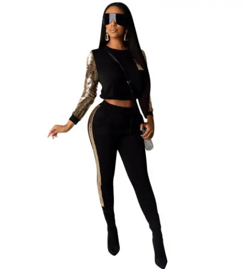Sequin Splice 2 Piece Set Women Tracksuit Fall Winter Festival Clothes Crop Top and Pant Sweat Suits Sexy Club Outfits | Женская одежда