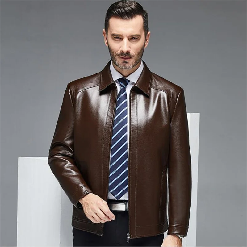 

Куртка мужская кожаная на молнии, деловая Повседневная Свободная одежда с лацканами для мужчин среднего возраста, на весну-осень