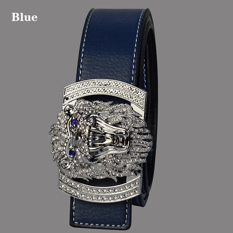 Silver blue JXQBSYDK Роскошные брендовые ремни для мужчин и женщин модные блестящие алмазные пряжки с головой льва высокое качество пояс формирователь кожаные ремни - Цвет: Silver blue