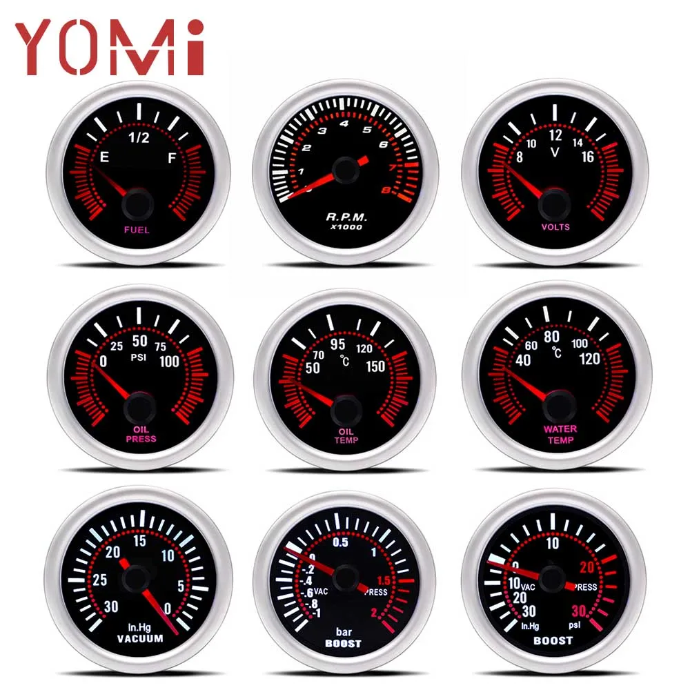 

YOMI 2" 52mm Smoke lens Boost gauge bar psi Vacuum Water temp Oil temp Oil press Voltmeter Fuel level Tachometer rpm gauge