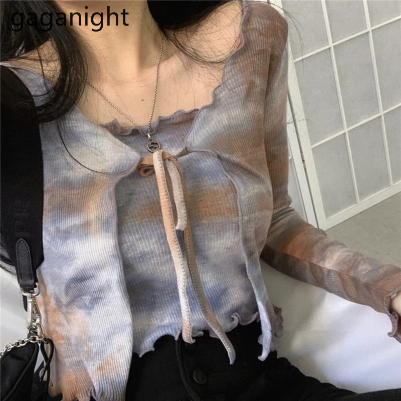 Gaganight Women Two Pieces Set Tie Dye Short Sexy Knitted Stretchy Lady Strapless Tube Tops Cardigan Spring Autumn Chic Korean | Женская