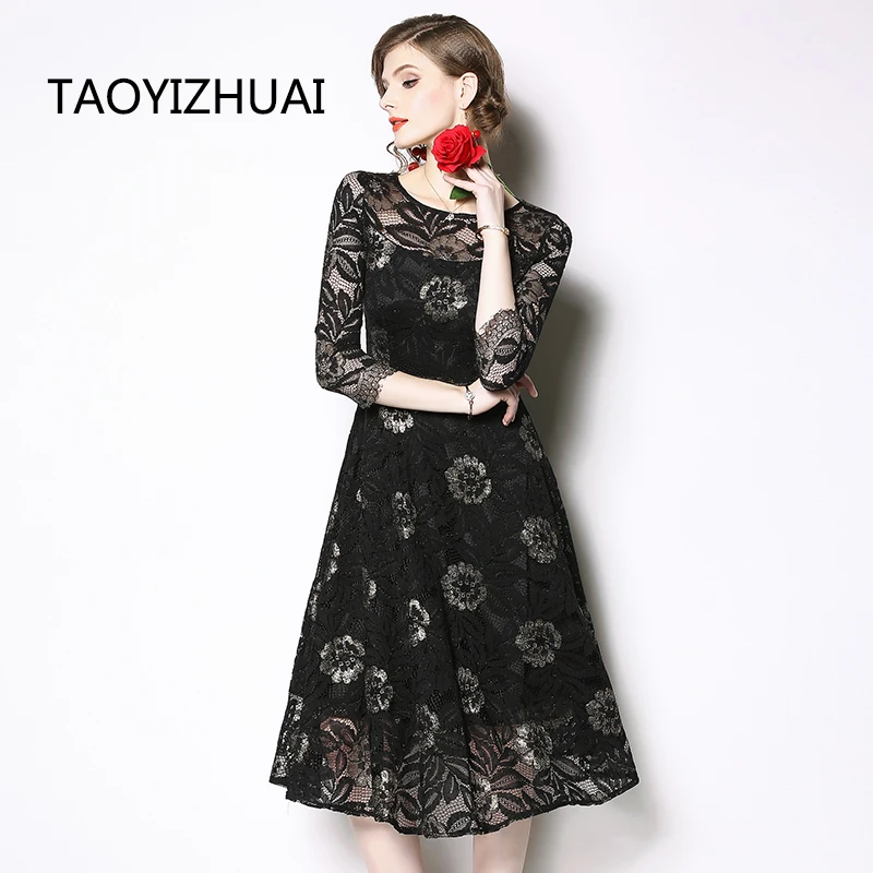 

TAOYIZHUAI summer new arrival midi lace dress casual fashion three quarter sleeves black and red color slim work party dress