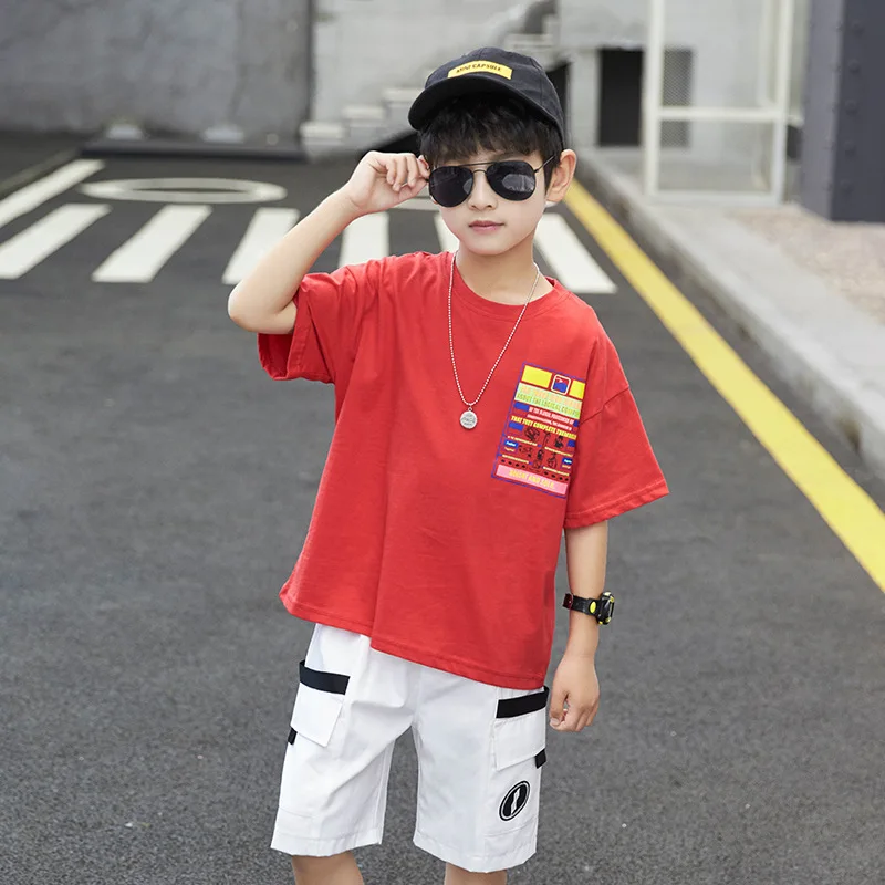 Red White Spring Summer Kids Clothes Suit Baby Boys T-Shirt+ Shorts 2pcs/Set Kids Teenage Top Sport Children's Day Gift Formal