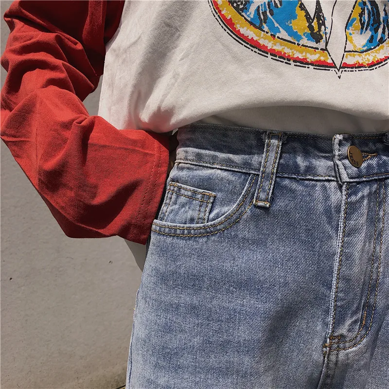 

HziriP 2021 Autumn Hot Women Jeans Straight Chic Hole Washed High Waist All Match Concise Blue Loose Female Casual Denim Pants