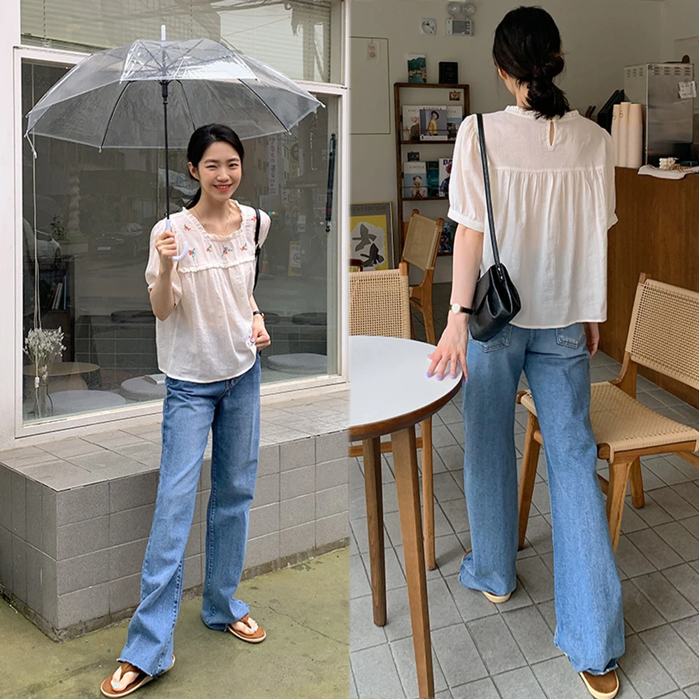 Женская рубашка с вышивкой элегантная короткими рукавами и квадратным вырезом