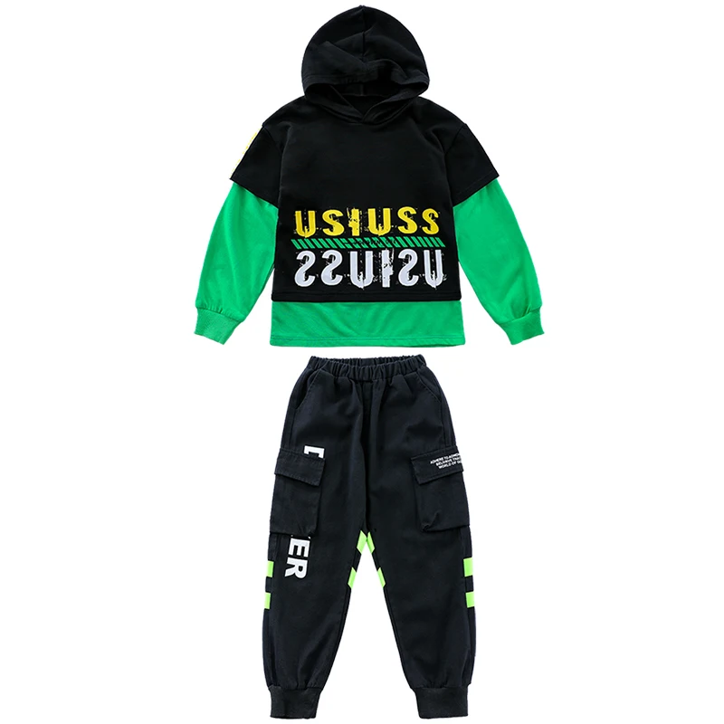 

Hip Hop Kids Dance Clothes Hooded Sweater Green Splicing Tops Jazz Street Dance Practice Clothing Stage Hip Hop Costume