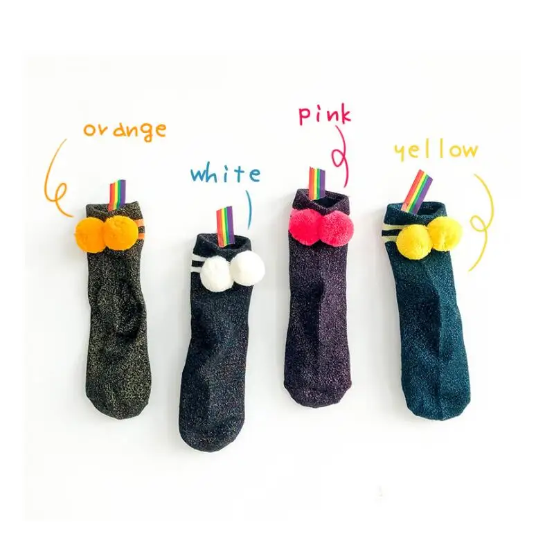 Детские однотонные металлизированные люрексом носки до лодыжки с помпоном в