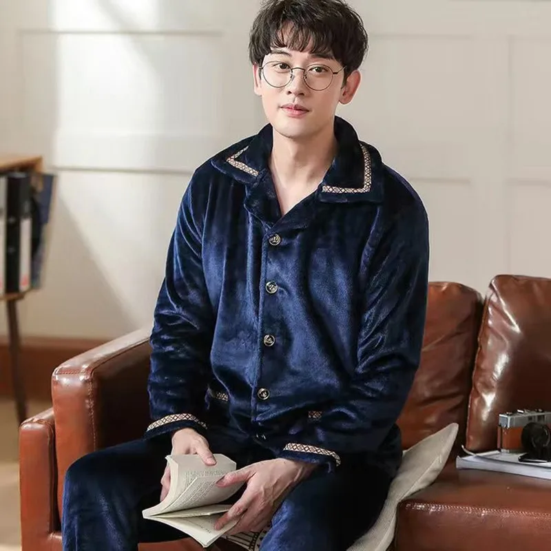 Winter Pajamas Set Casual PJS For Man Cartoon Warm Long Homewear Men's Flannel Thick Pajama Fashion Clothes Big Size 2PCS/SET