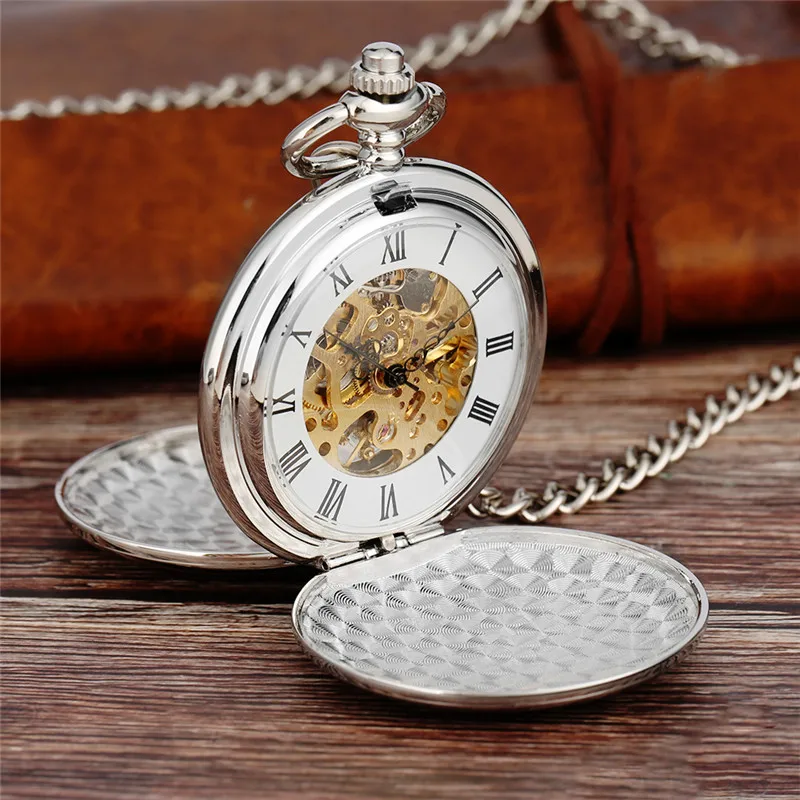 

Steampunk Silver Manual Handwinding Skeleton Mechanical Pocket Watch Double Hunter Necklace Clock Antique Reloj De Bolsillo