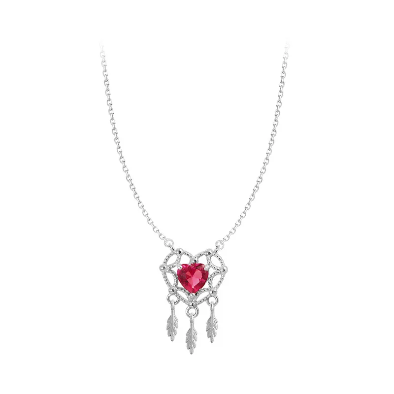 

Sweet Jewelry Red Crystal Love Pendant Necklace Dream Leaf Hollow Dangle Metal Necklace For Celebration Gifts