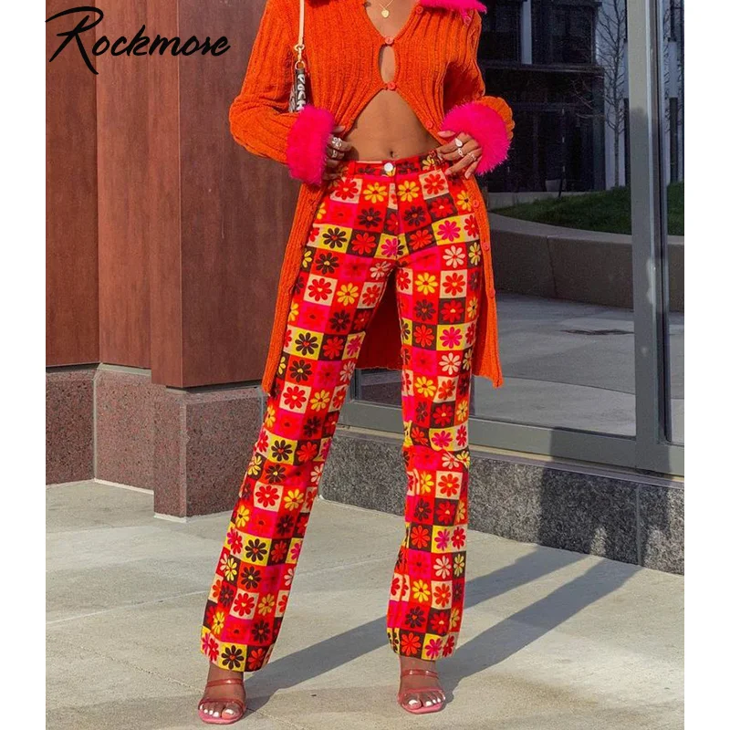 

Rockmore Plaid Floral Wide Leg Pants Red 90s Vintage Sweatpants Women y2k Aesthetic Trouser Joggers Streetwear Fashion Summer