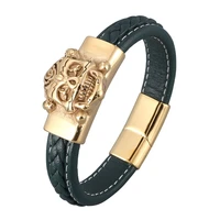 casual green braided leather bracelet men rock hip hop jewelry gold stainless steel skull magnetic buckle male bangles sp0899