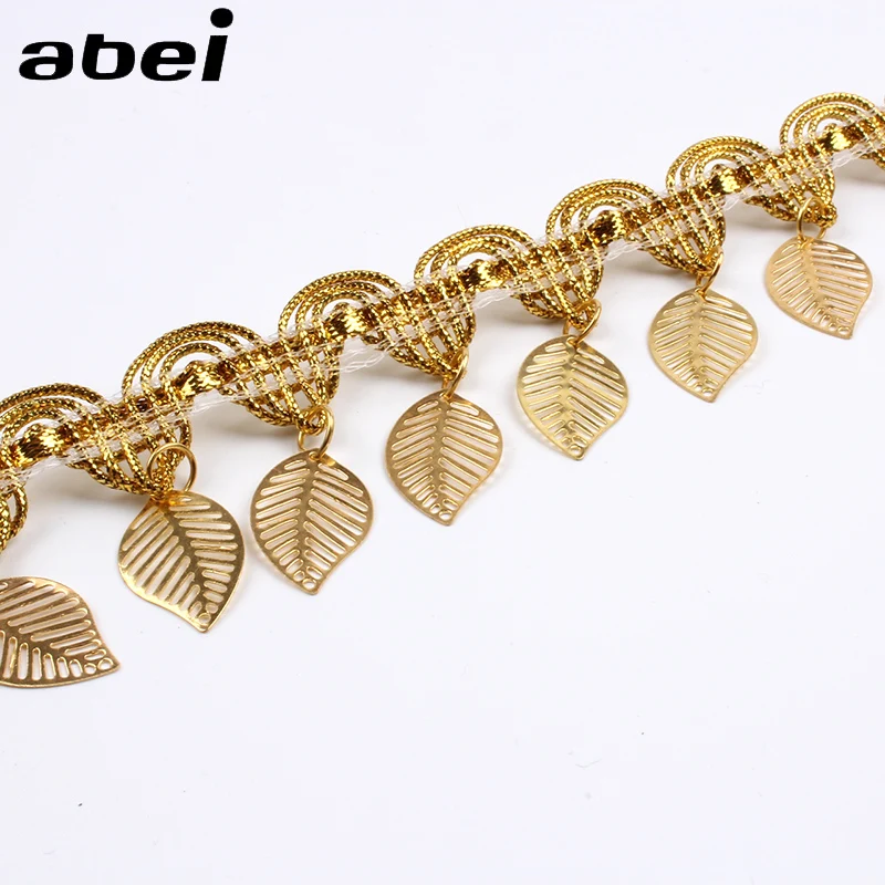 

45mm 1yard Braided Gold Lace Fringe Leaf Sequins Paillette Tassel Ribbon For Wedding Party Dance Dress Sewing Garments Accessory