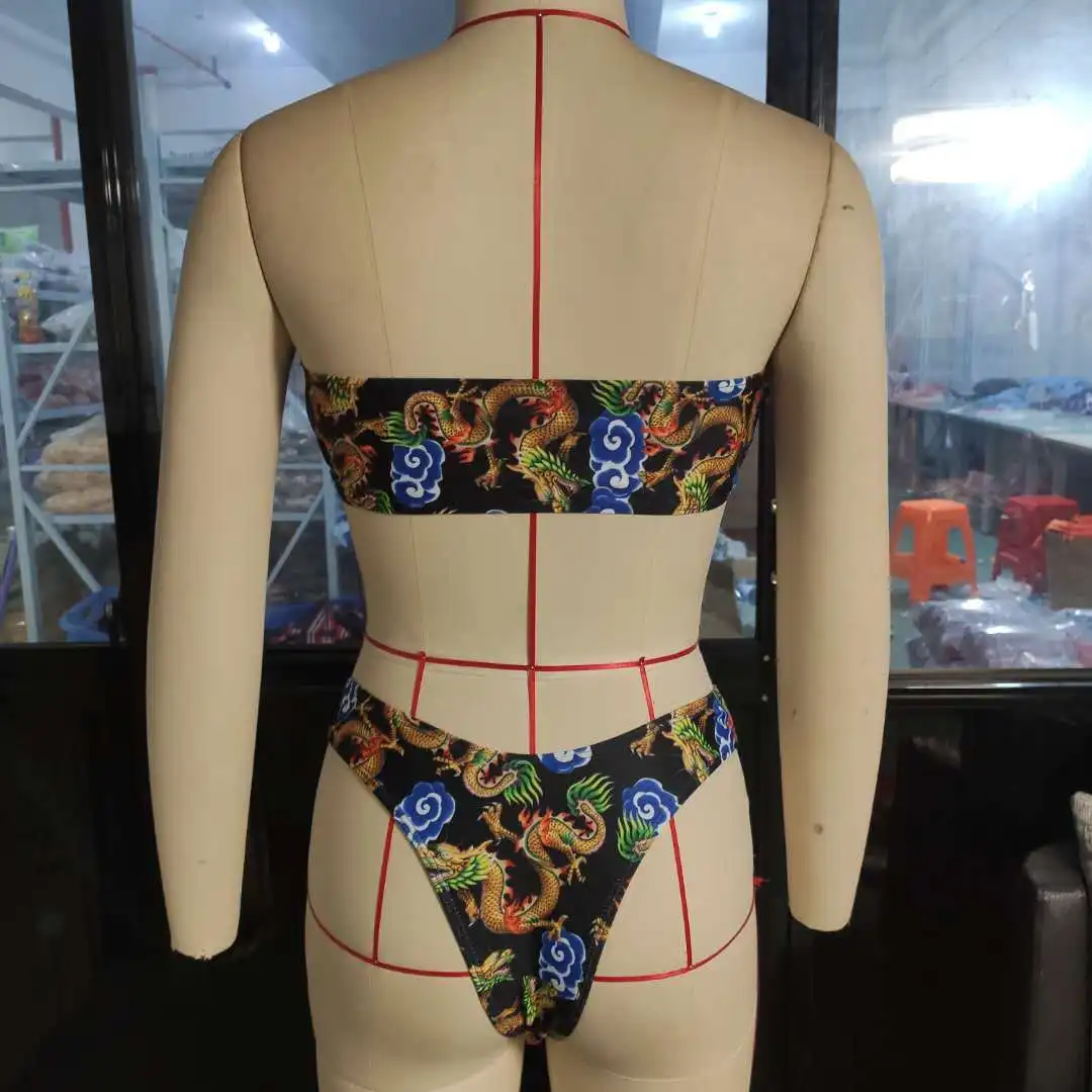 

Sexy Bikini 2021 Printed Bandage Bandeau Swimsuit Female Swimwear Women Mini Thong Bikini Set Bather Beachwear Bathing Suit