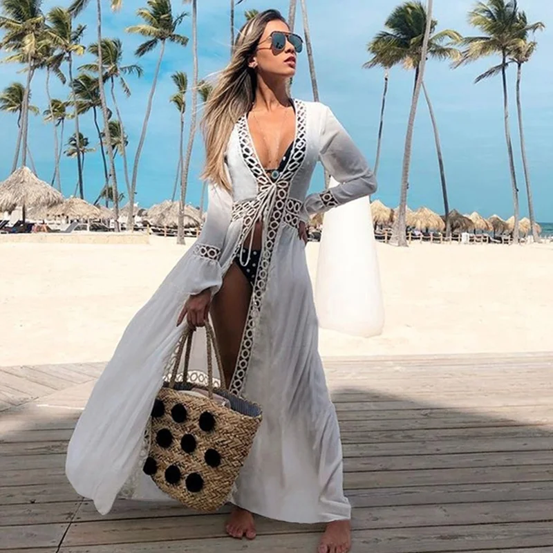 

Crochet White Knitted Beach Cover up dress Tunic Long Pareos Bikinis Cover ups Swim Cover up Robe Plage Beachwear
