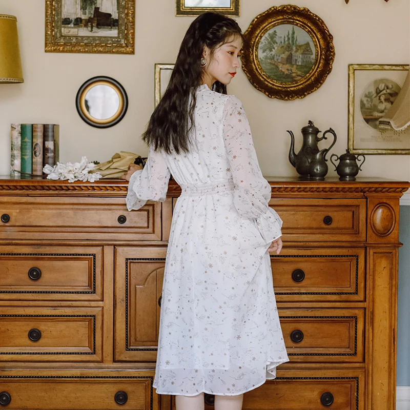 

Autumn Spring Vintage White Fairy Long Sleeve Dress Elegant Boho Korean Casual Party Dresses New Women Long Chiffon Floral Dress
